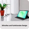 A tablet in a case is displayed on a desk next to a plant and glasses. Produktbild-Vorschau
