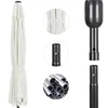 A collage showing a folded cream-colored umbrella, close-ups of its tie closure and pole connectors, and a pile of metal tubes. Produktbild-Vorschau