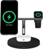 A black wireless charging stand with a phone, smartwatch, and earbuds case on it. The phone and smartwatch screens show a charging icon and '100% Charged'. Produktbild-Vorschau