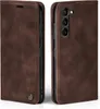 Two views of a brown leather flip case for a smartphone, showing the front and back. Produktbild-Vorschau