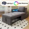 A gray sofa bed is shown in a room with a patterned rug and blinds in the background. The sofa has built-in LED lighting and USB charging ports. Voir les images du produit