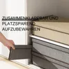 A hand is shown placing a foldable storage box into a shelf, alongside other similar boxes. Produktbild-Vorschau