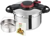 A stainless steel pressure cooker with a steaming basket and a recipe book. Náhľad obrázku produktu