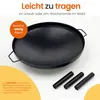 A black metal fire bowl is shown on a white background, with text overlays highlighting its portability and ease of use. Three black cylindrical legs are placed in the foreground. Produktbild-Vorschau