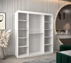 A white wardrobe with shelves and hanging rails, set against a striped wall. Produktbild-Vorschau