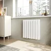 A white panel radiator mounted on a light gray wall next to a window. Produktbild-Vorschau