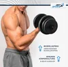 A muscular man is lifting a dumbbell, with text overlays highlighting fitness benefits. Produktbild-Vorschau