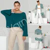 Collage of a woman modeling a teal sweater and a beige cardigan with green stripes and fringe. Produktbild-Vorschau