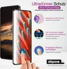 Marketing image showing a smartphone screen protector with feature callouts. Produktbild-Vorschau
