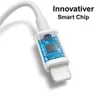A close-up of a white charging cable with a transparent connector showing a blue circuit board inside, with text overlay. Produktbild-Vorschau