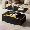 A modern coffee table with storage and stools, shown in a living room setting. Voir les images du produit