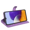 A purple flip case for a smartphone is shown open, displaying the phone's screen. Produktbild-Vorschau