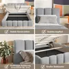 A collage of four images showing different aspects of a bed, including its construction, headboard, upholstery, and storage space. Produktbild-Vorschau