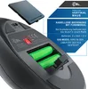 Close-up view of the bottom of a wireless vertical mouse, showing the battery compartment with two AAA batteries inserted, and a separate image of the battery cover. Text overlays provide product information. Produktbild-Vorschau