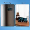 A collage showing a digital clock mounted on a wall and placed on a table. Produktbild-Vorschau