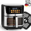 A digital rendering of a silver and black air fryer with a digital display showing cooking options and a timer. An accessory basket is shown to the right. Produktbild-Vorschau