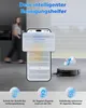A woman walks past a smartphone displaying a cleaning app, while a robot vacuum cleaner operates on the floor. Produktbild-Vorschau