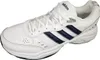 A white Adidas sneaker with blue stripes is shown against a white background. Voir les images du produit