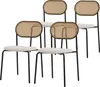 Four dining chairs with rattan backs and beige upholstered seats are arranged in a staggered formation against a white background. Náhled obrázku produktu