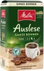 A package of Melitta Auslese whole bean coffee with a cup of coffee and coffee beans in the foreground. Produktbild-Vorschau