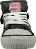 A close-up, front-facing view of a black high-top sneaker with white laces and a white toe cap. Voir les images du produit