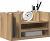 A wooden desk organizer with shelves and compartments, holding a clock, pens, and books. Voir les images du produit
