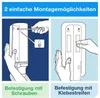 The image shows two methods of mounting a dispenser, one with screws and the other with adhesive strips. Produktbild-Vorschau
