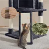 A cat scratching a cat tree, with close-up insets showing materials. Produktbild-Vorschau