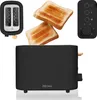 A black Zeegma toaster with two slices of toast popping out, and a close-up of the toaster's controls. Produktbild-Vorschau