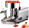 A stainless steel electric tomato press is shown with tomatoes in the hopper and tomato sauce being dispensed. Produktbild-Vorschau