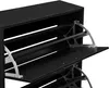 Close-up view of a black shoe cabinet with two open flip-down drawers. Náhled obrázku produktu