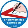 A hand drawing with a pen on a white surface with red guides, within a blue circle. Produktbild-Vorschau