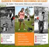 A collage of three images showcasing a woman using a cordless trimmer, a man using a push mower, and another man using a gas-powered trimmer, with feature comparisons below each image. Produktbild-Vorschau