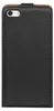 The back of a black leather flip case for a smartphone, with a brown accent at the top. Náhľad obrázku produktu