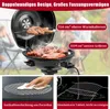 A close-up of an electric grill with meat cooking, and inset images showing cleaning and a grill rack. Produktbild-Vorschau