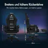 A collage of images showing a black gaming chair with dimensions marked. Podgląd zdjęcia produktu