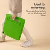 A child is holding a green iPad case with a handle. The background is a plain light beige color. Produktbild-Vorschau