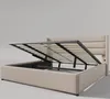 A beige upholstered bed frame with the mattress support system lifted to reveal storage space underneath. Produktbild-Vorschau