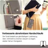 Collage of images showing a gray wallet with a detachable wrist strap, a person holding a black folder with the wallet attached by the wrist strap, and a close-up of the wrist strap attachment. Produktbild-Vorschau