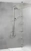 A shower head and a telescopic shelf unit in a bathroom. Produktbild-Vorschau