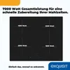 A black induction cooktop with four cooking zones labeled with their wattages, presented with marketing text. Produktbild-Vorschau