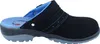 A side view of a black clog-style shoe with blue lining and a gray sole. Produktbild-Vorschau