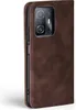 A close-up side view of a brown leather flip case for a smartphone. Produktbild-Vorschau