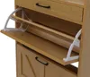 Close-up view of a wooden shoe cabinet with two open flip-out compartments and a drawer. Podgląd zdjęcia produktu