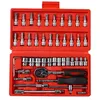 A red toolbox containing a set of tools, including sockets, a ratchet, and various bits. Produktbild-Vorschau