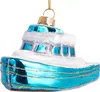 A glass boat ornament with blue and white detailing, decorated with glitter and gold stripes. Voir les images du produit