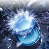 A blue spherical speaker is shown exploding with white powder and glass shards flying outwards, set against a dark, fragmented background. Náhled obrázku produktu