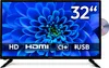 A television screen displaying a large blue flower, with text overlays indicating features and size. Produktbild-Vorschau