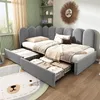 A child's bedroom with a grey upholstered corner bed with pull-out drawers, decorated with a lion head wall hanging and a cat-themed rug. Anteprima dell’immagine prodotto