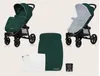 A collage of a dark green baby stroller and its accessories, including a footmuff, mosquito net, and cup holder, against a light beige background. Náhled obrázku produktu